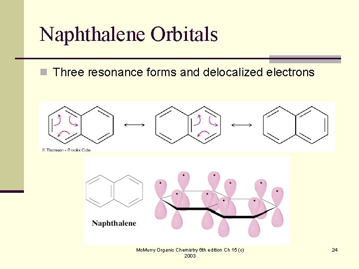 Naphthalene Orbitals n Three resonance forms and delocalized electrons Mc. Murry Organic Chemistry 6