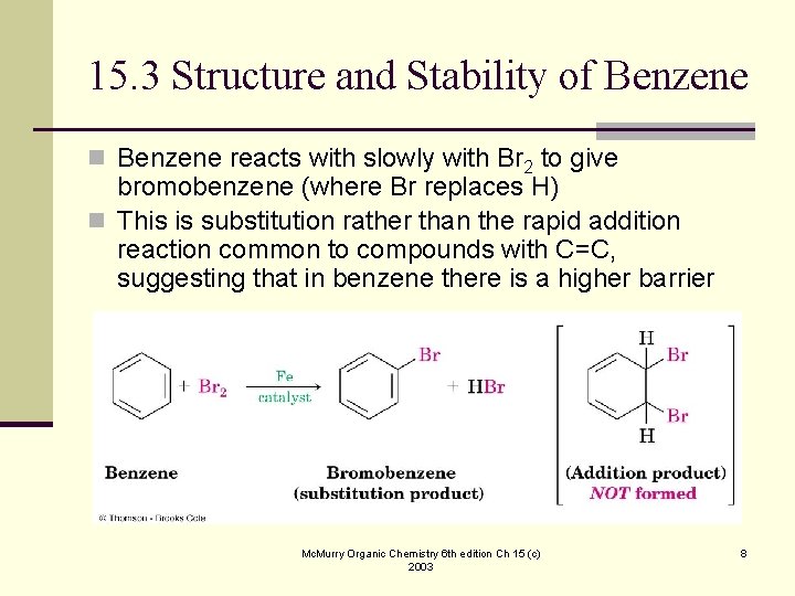 15. 3 Structure and Stability of Benzene n Benzene reacts with slowly with Br