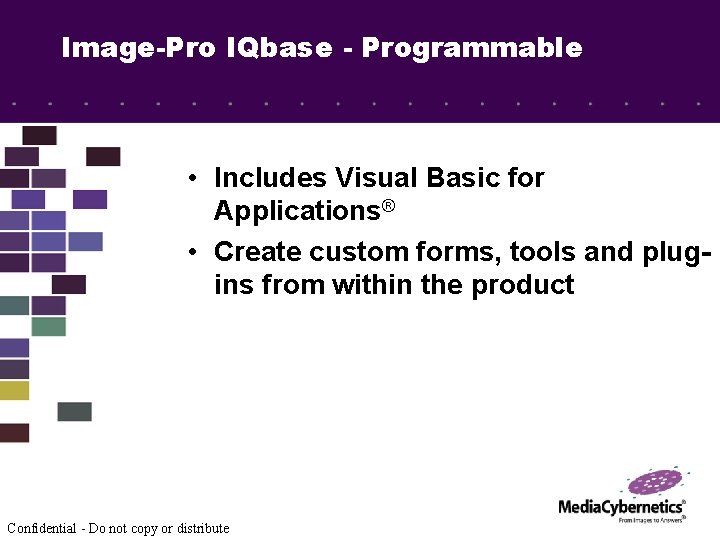 Image-Pro IQbase - Programmable • Includes Visual Basic for Applications® • Create custom forms,