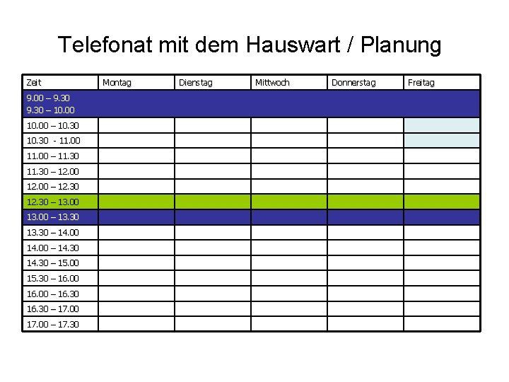 Telefonat mit dem Hauswart / Planung Zeit 9. 00 – 9. 30 – 10.