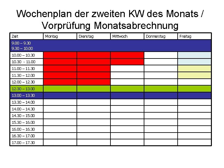 Wochenplan der zweiten KW des Monats / Vorprüfung Monatsabrechnung Zeit 9. 00 – 9.