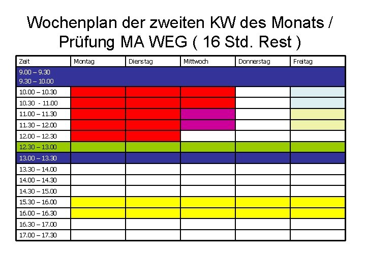 Wochenplan der zweiten KW des Monats / Prüfung MA WEG ( 16 Std. Rest