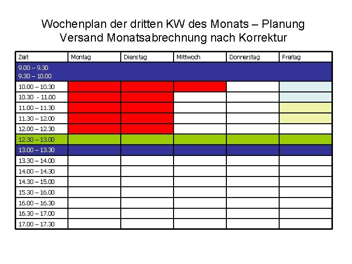 Wochenplan der dritten KW des Monats – Planung Versand Monatsabrechnung nach Korrektur Zeit 9.