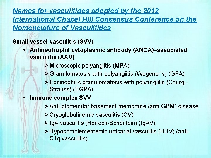 Names for vasculitides adopted by the 2012 International Chapel Hill Consensus Conference on the