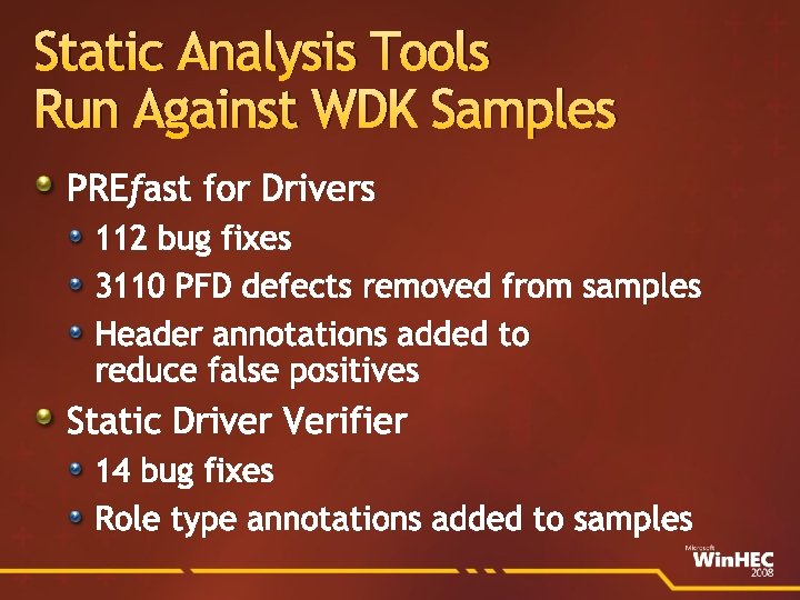 Static Analysis Tools Run Against WDK Samples PREfast for Drivers 112 bug fixes 3110