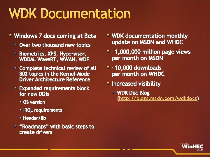 WDK Documentation Over two thousand new topics WDK documentation monthly update on MSDN and