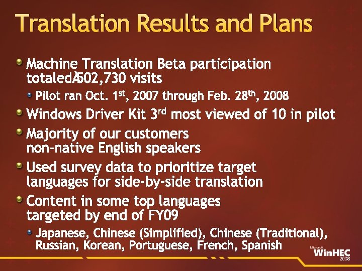 Translation Results and Plans Machine Translation Beta participation totaled 502, 730 visits Pilot ran