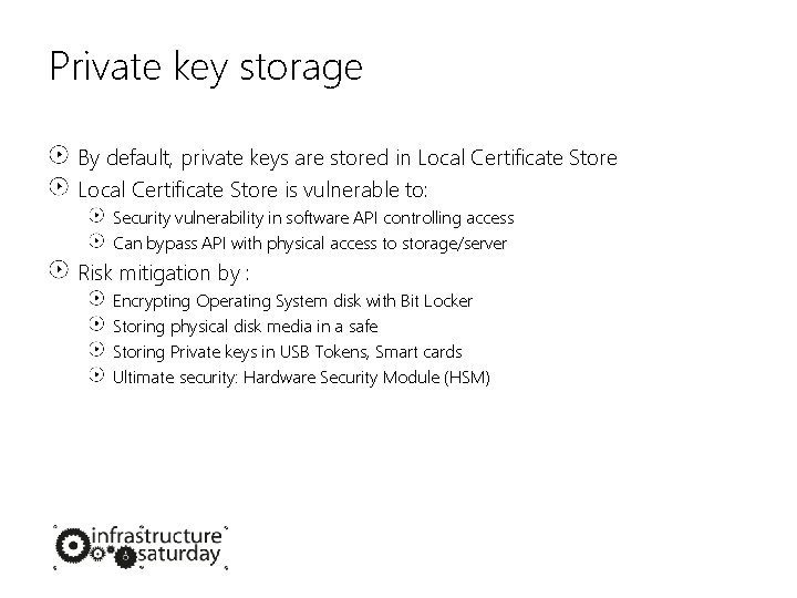 Private key storage By default, private keys are stored in Local Certificate Store is