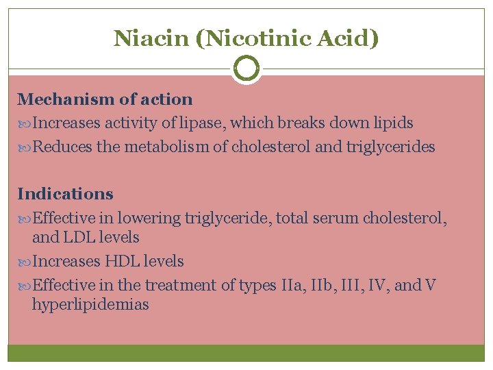 Niacin (Nicotinic Acid) Mechanism of action Increases activity of lipase, which breaks down lipids