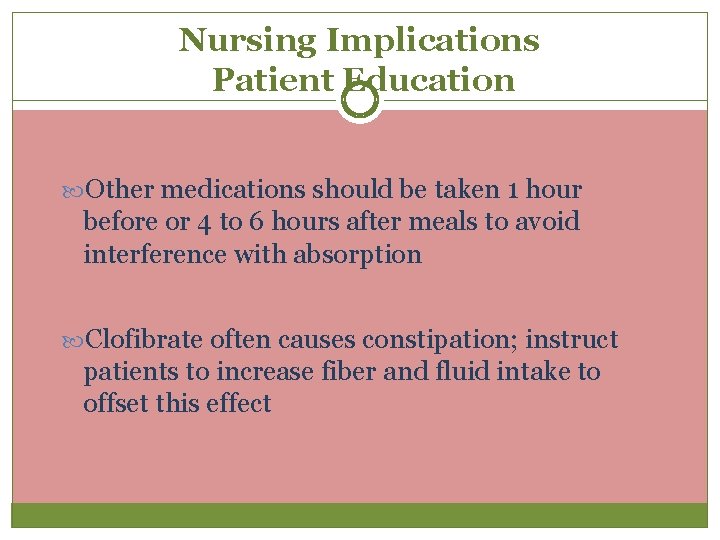 Nursing Implications Patient Education Other medications should be taken 1 hour before or 4