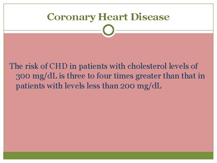 Coronary Heart Disease The risk of CHD in patients with cholesterol levels of 300