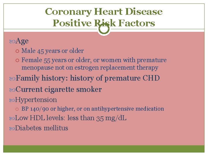 Coronary Heart Disease Positive Risk Factors Age Male 45 years or older Female 55