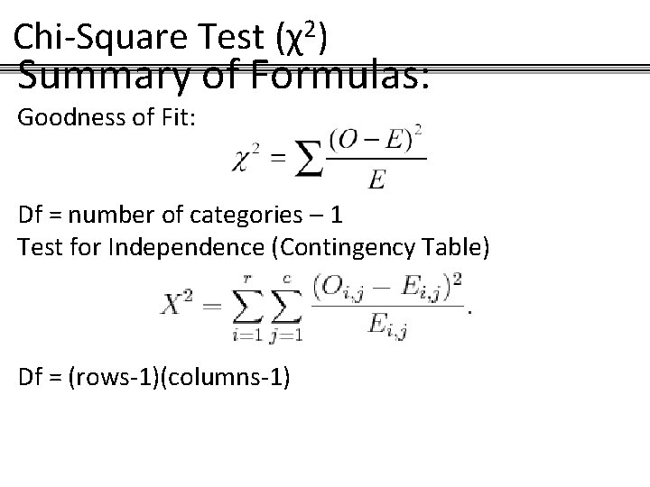Chi-Square Test (χ2) Summary of Formulas: Goodness of Fit: Df = number of categories