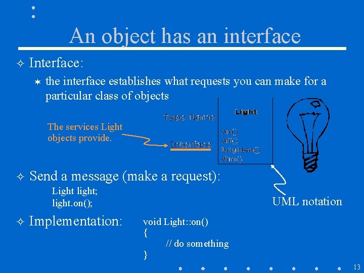 An object has an interface ² Interface: ¬ the interface establishes what requests you An object has an interface ² Interface: ¬ the interface establishes what requests you