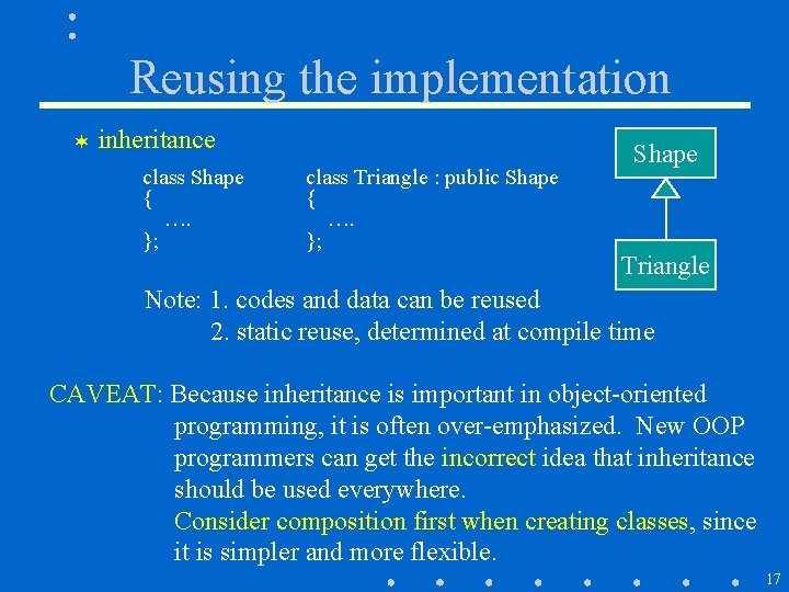 Reusing the implementation ¬ inheritance class Shape { …. }; class Triangle : public Reusing the implementation ¬ inheritance class Shape { …. }; class Triangle : public