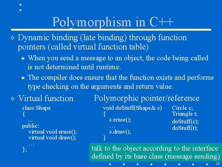 Polymorphism in C++ ² Dynamic binding (late binding) through function pointers (called virtual function Polymorphism in C++ ² Dynamic binding (late binding) through function pointers (called virtual function