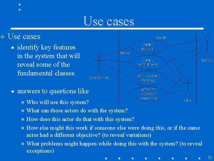 ² Use cases ¬ identify key features in the system that will reveal some ² Use cases ¬ identify key features in the system that will reveal some