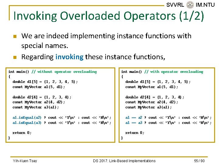 SVVRL @ IM. NTU Invoking Overloaded Operators (1/2) n n We are indeed implementing