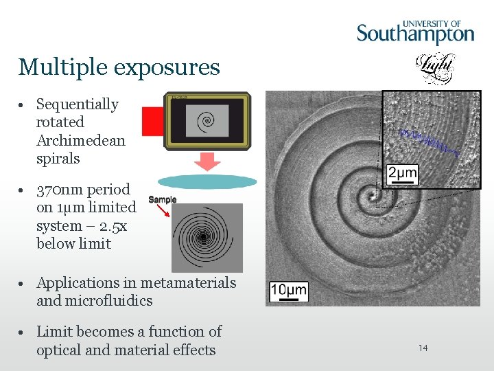 Multiple exposures • Sequentially rotated Archimedean spirals • 370 nm period on 1µm limited