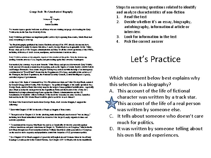 Steps to answering questions related to identify and analyze characteristics of non-fiction 1. Read