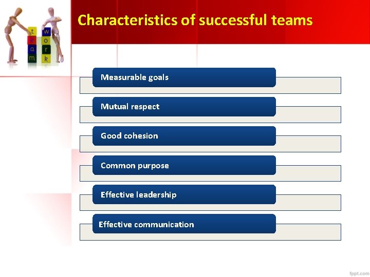 Characteristics of successful teams Measurable goals Mutual respect Good cohesion Common purpose Effective leadership