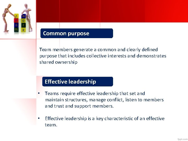 Common purpose Team members generate a common and clearly defined purpose that includes collective