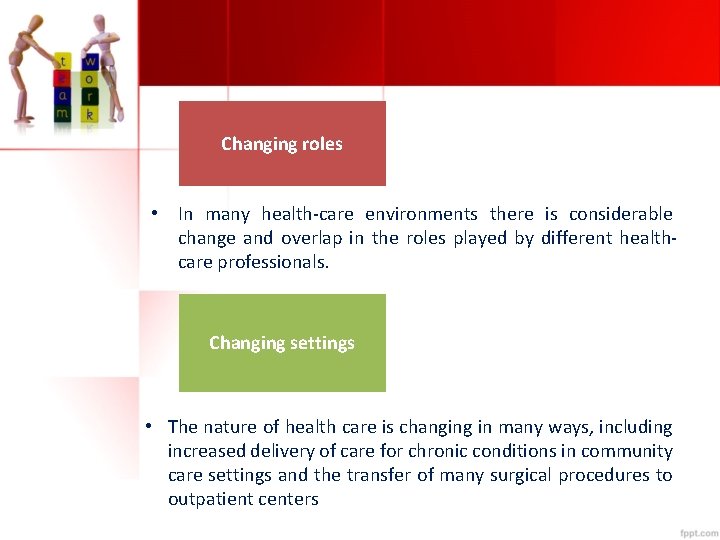 Changing roles • In many health-care environments there is considerable change and overlap in