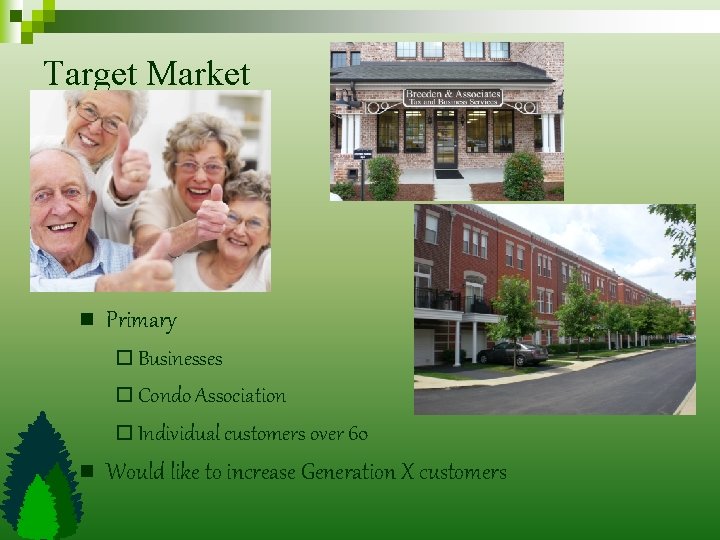 Target Market n Primary ¨ Businesses ¨ Condo Association ¨ Individual customers over 60