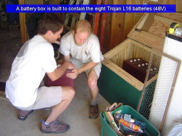 A battery box is built to contain the eight Trojan L 16 batteries (48