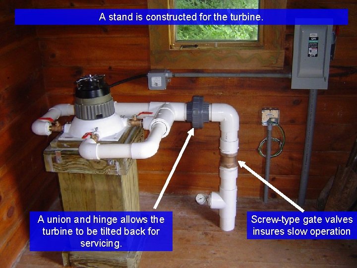 A stand is constructed for the turbine. A union and hinge allows the turbine