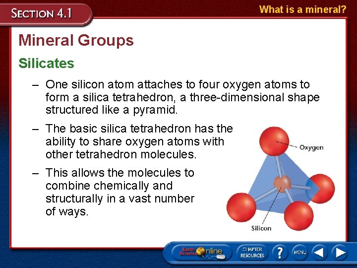 What is a mineral? Mineral Groups Silicates – One silicon atom attaches to four