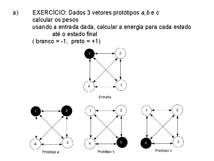 a) EXERCÍCIO: Dados 3 vetores protótipos a, b e c calcular os pesos usando