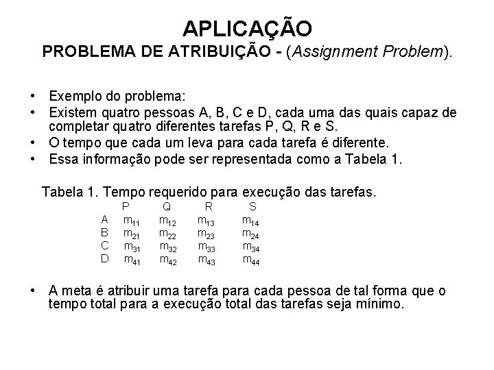 APLICAÇÃO PROBLEMA DE ATRIBUIÇÃO - (Assignment Problem). • Exemplo do problema: • Existem quatro