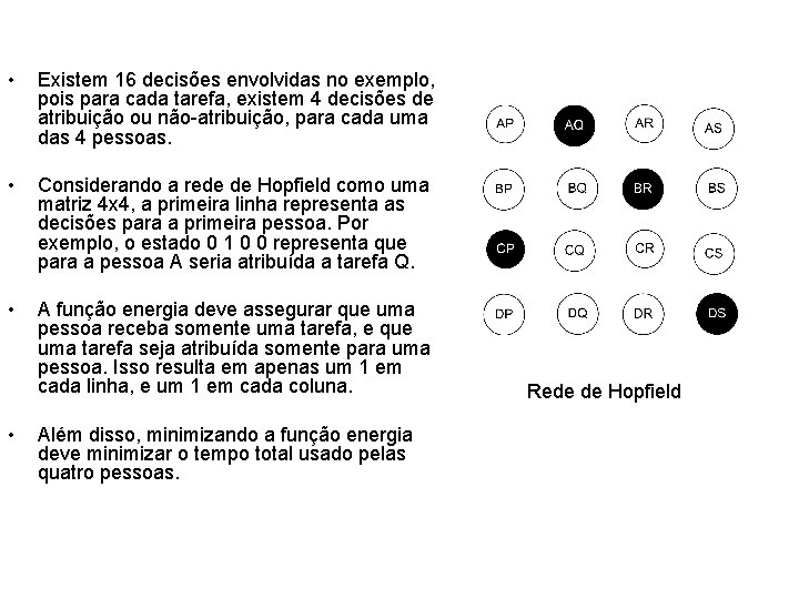  • Existem 16 decisões envolvidas no exemplo, pois para cada tarefa, existem 4