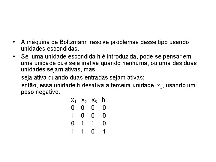  • A máquina de Boltzmann resolve problemas desse tipo usando unidades escondidas. •