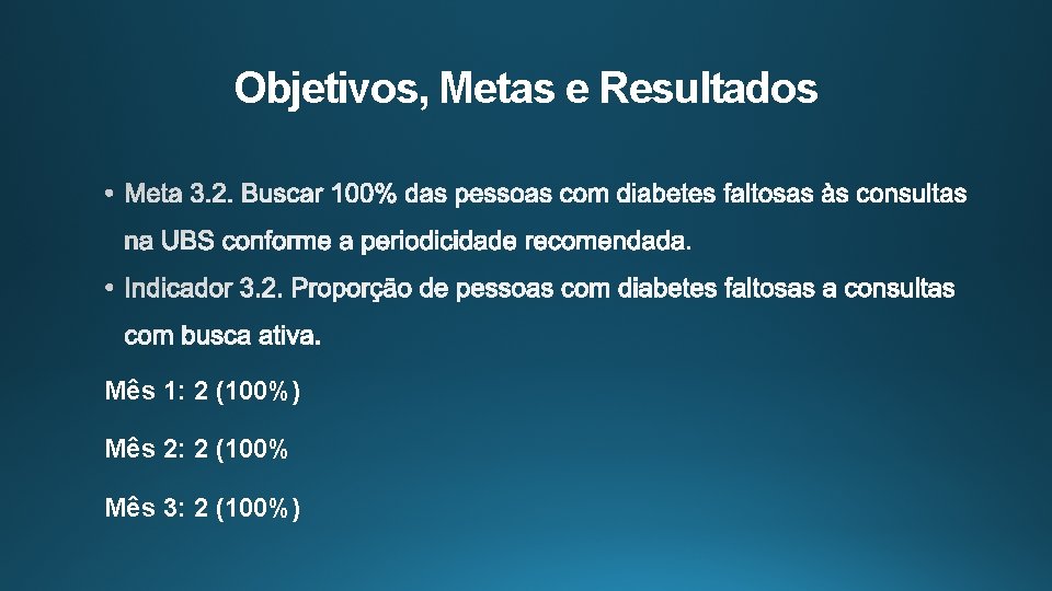 Objetivos, Metas e Resultados Mês 1: 2 (100%) Mês 2: 2 (100% Mês 3: