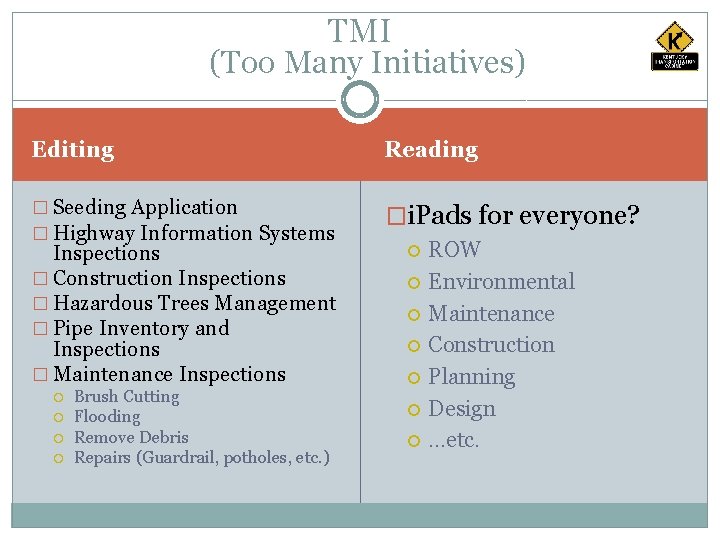 TMI (Too Many Initiatives) Editing Reading � Seeding Application � Highway Information Systems �i.
