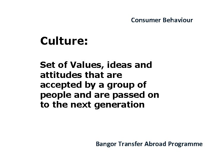 Consumer Behaviour Culture: Set of Values, ideas and attitudes that are accepted by a