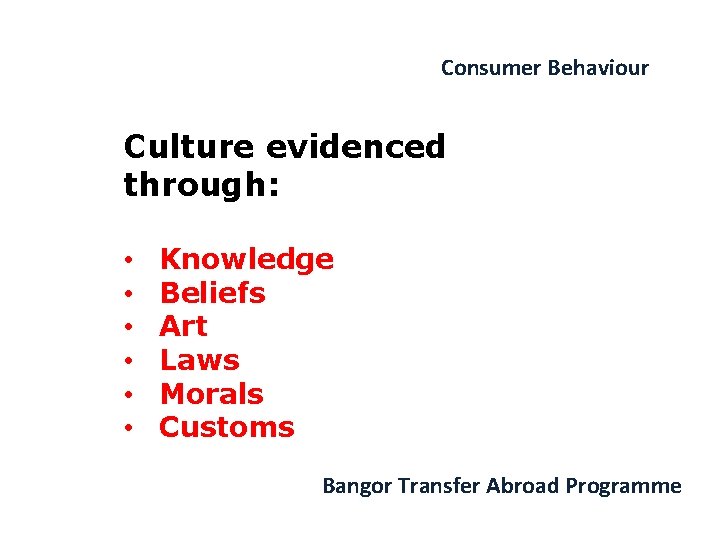 Consumer Behaviour Culture evidenced through: • • • Knowledge Beliefs Art Laws Morals Customs