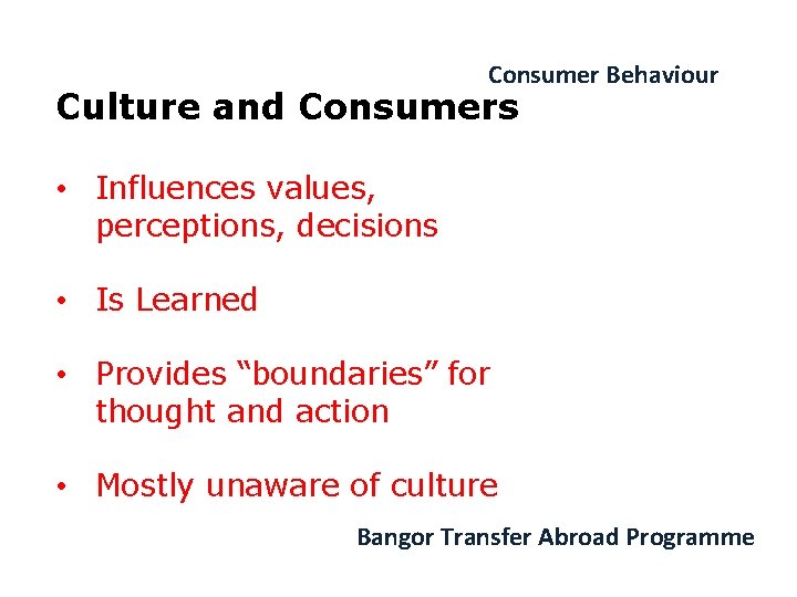 Consumer Behaviour Culture and Consumers • Influences values, perceptions, decisions • Is Learned •