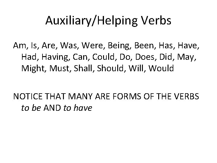 Auxiliary/Helping Verbs Am, Is, Are, Was, Were, Being, Been, Has, Have, Had, Having, Can,