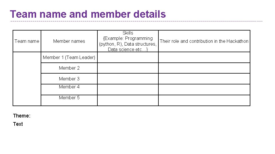 Team name and member details Team name Member names Member 1 (Team Leader) Member