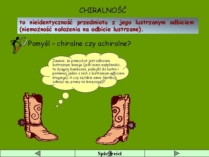 CHIRALNOŚĆ to nieidentyczność przedmiotu z jego lustrzanym odbiciem (niemożność nałożenia na odbicie lustrzane). Pomyśl