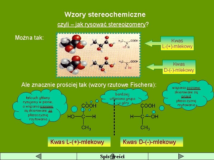 Wzory stereochemiczne czyli – jak rysować stereoizomery? Można tak: Kwas L-(+)-mlekowy Kwas D-(-)-mlekowy Ale