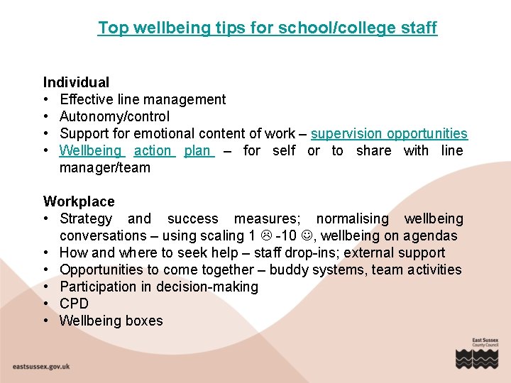 Top wellbeing tips for school/college staff Individual • Effective line management • Autonomy/control •