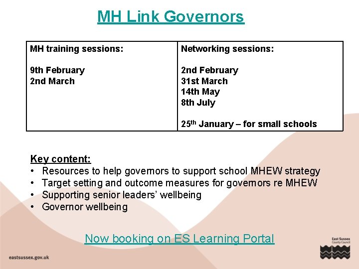 MH Link Governors MH training sessions: Networking sessions: 9 th February 2 nd March