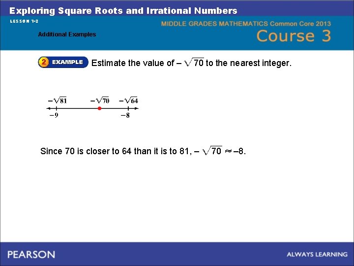 Exploring Square Roots and Irrational Numbers LESSON 1 -2 Additional Examples Estimate the value