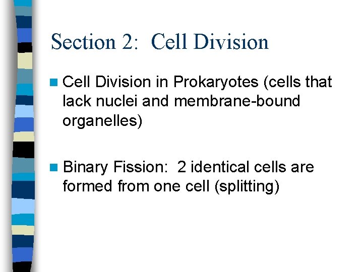 Section 2: Cell Division n Cell Division in Prokaryotes (cells that lack nuclei and