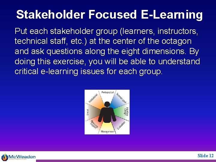 Stakeholder Focused E-Learning Put each stakeholder group (learners, instructors, technical staff, etc. ) at