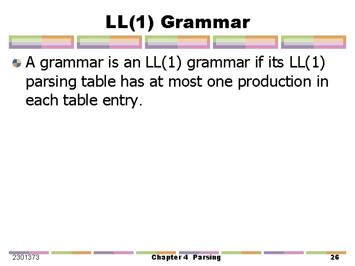 LL(1) Grammar A grammar is an LL(1) grammar if its LL(1) parsing table has